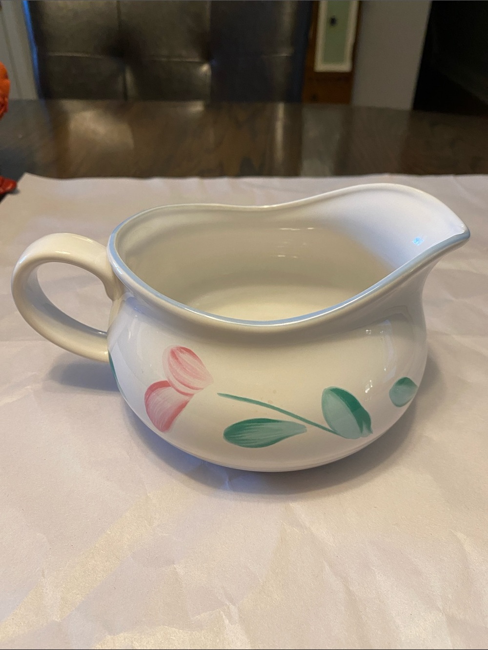 White Ceramic Creamer Pitcher with Pink Floral Design
